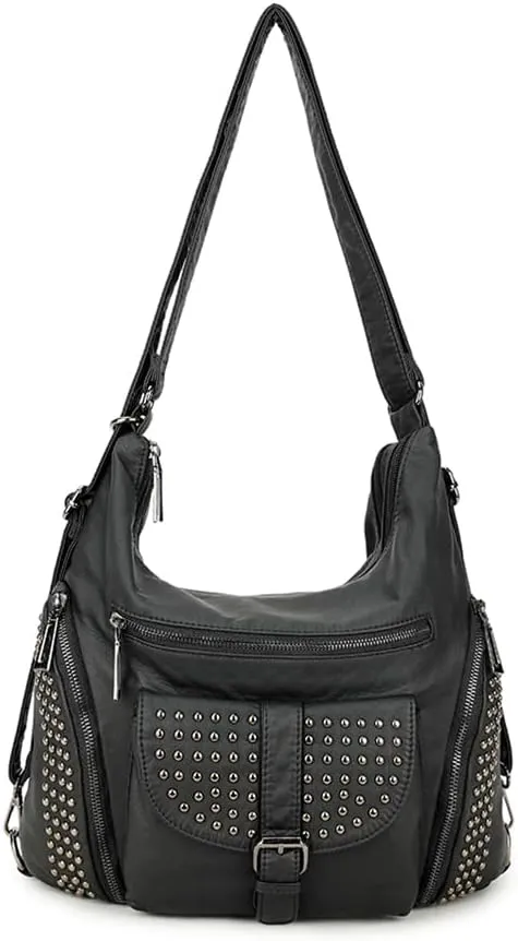 Women Hobo Crossbody Purse Faux Leather Rivet Satchel Multi-Pocket Tote Shoulder Bag
