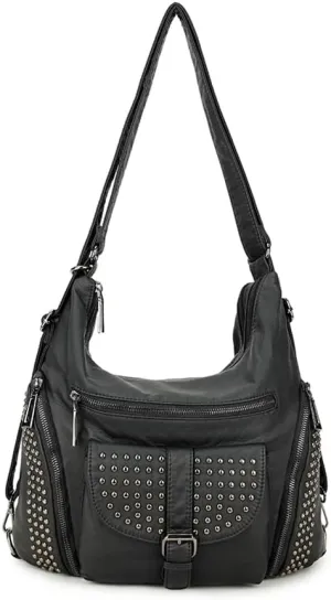 Women Hobo Crossbody Purse Faux Leather Rivet Satchel Multi-Pocket Tote Shoulder Bag