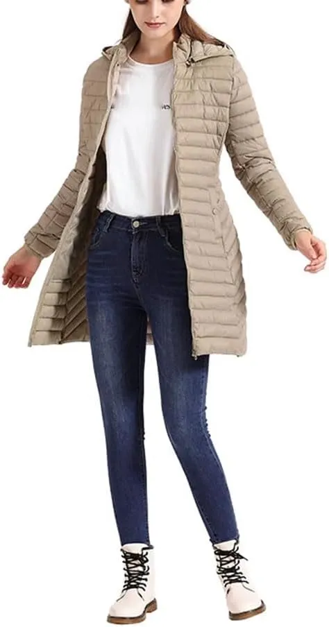Women Long Warm Parka Coat With Hood Winter Outdoor Padded Cotton Clothes Portable Outwear With Bag