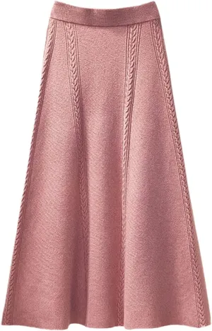 Women Luxury Jacquard Pink Knit Pleated Skirt Autumn Winter Thick Warm Big Swing Long Midi Sweater Skirts