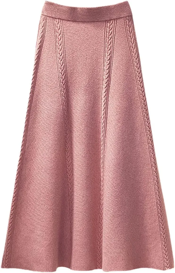 Women Luxury Jacquard Pink Knit Pleated Skirt Autumn Winter Thick Warm Big Swing Long Midi Sweater Skirts
