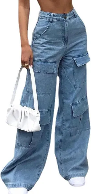 Women Multi Pocket Cargo Jeans Baggy Streetwear Y2k Trousers Flap Pocket Pants Wide Leg Cargo Pants