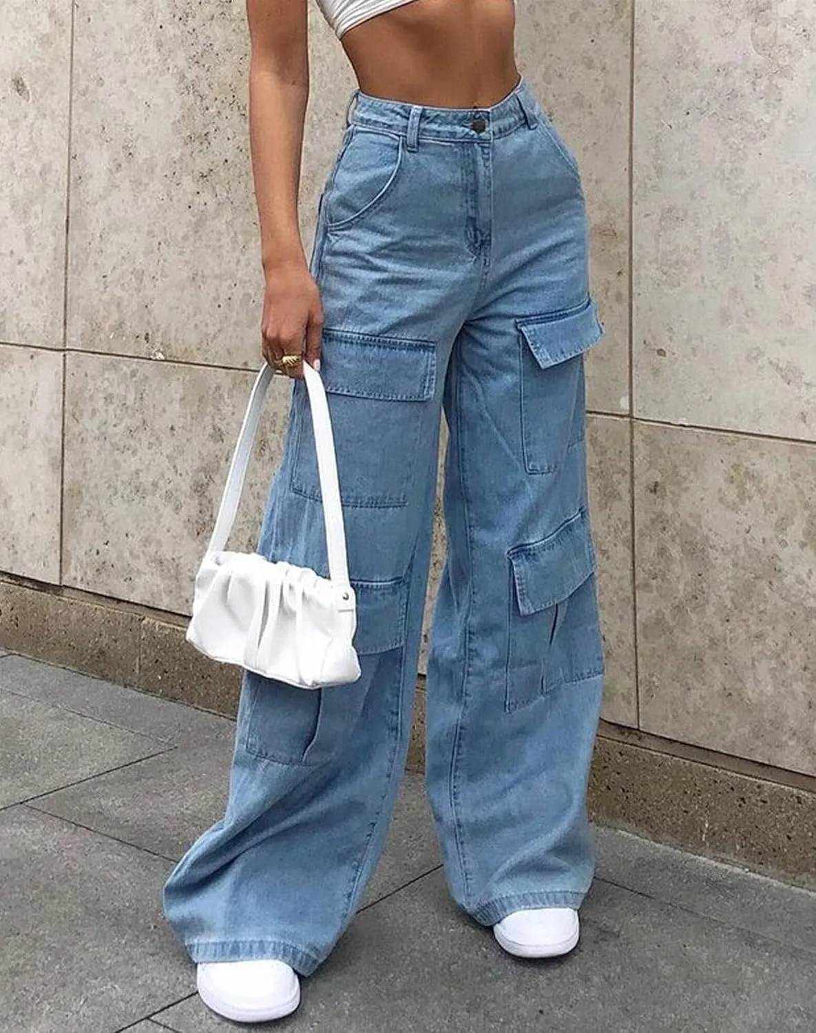 Women Multi Pocket Cargo Jeans Baggy Streetwear Y2k Trousers Flap Pocket Pants Wide Leg Cargo Pants