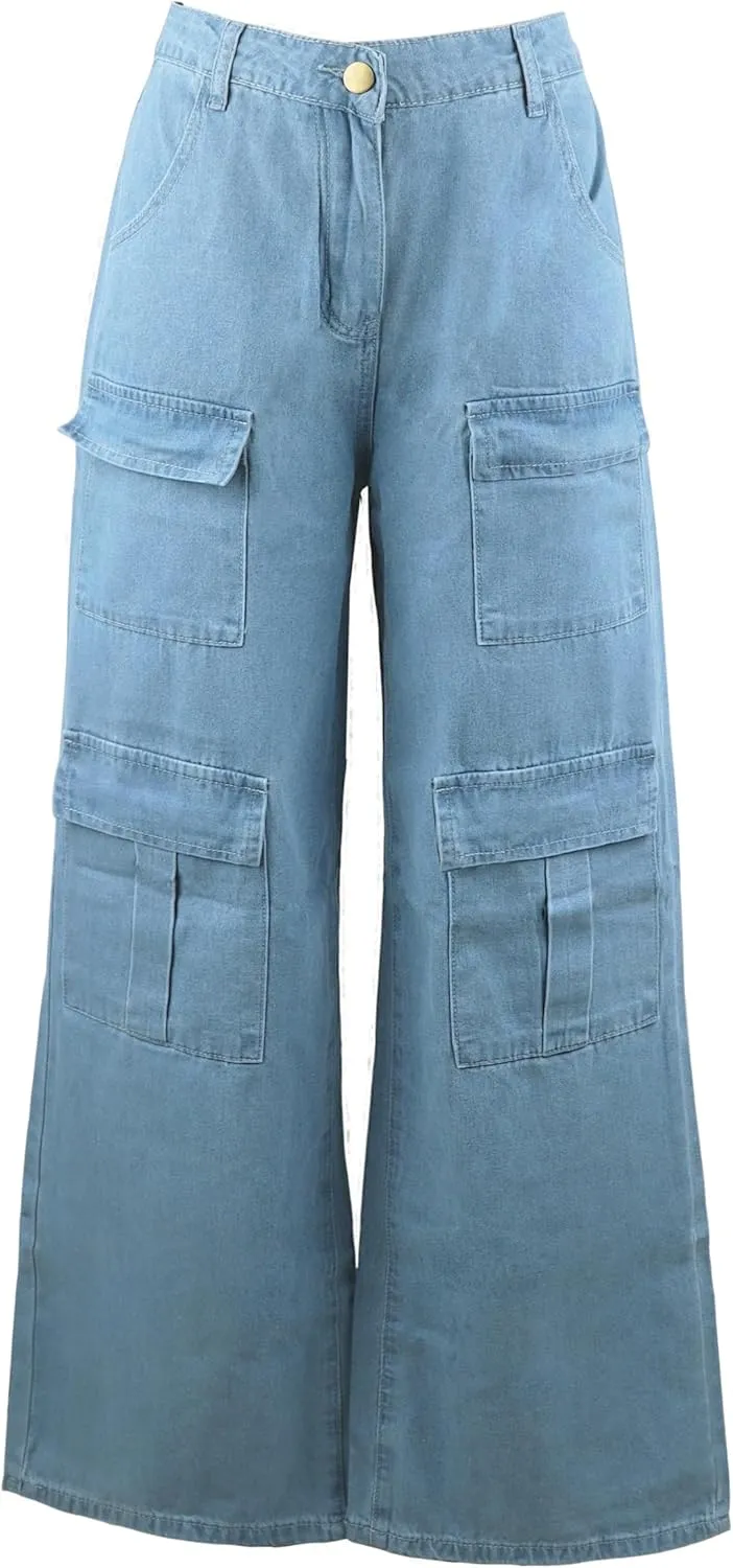 Women Multi Pocket Cargo Jeans Baggy Streetwear Y2k Trousers Flap Pocket Pants Wide Leg Cargo Pants