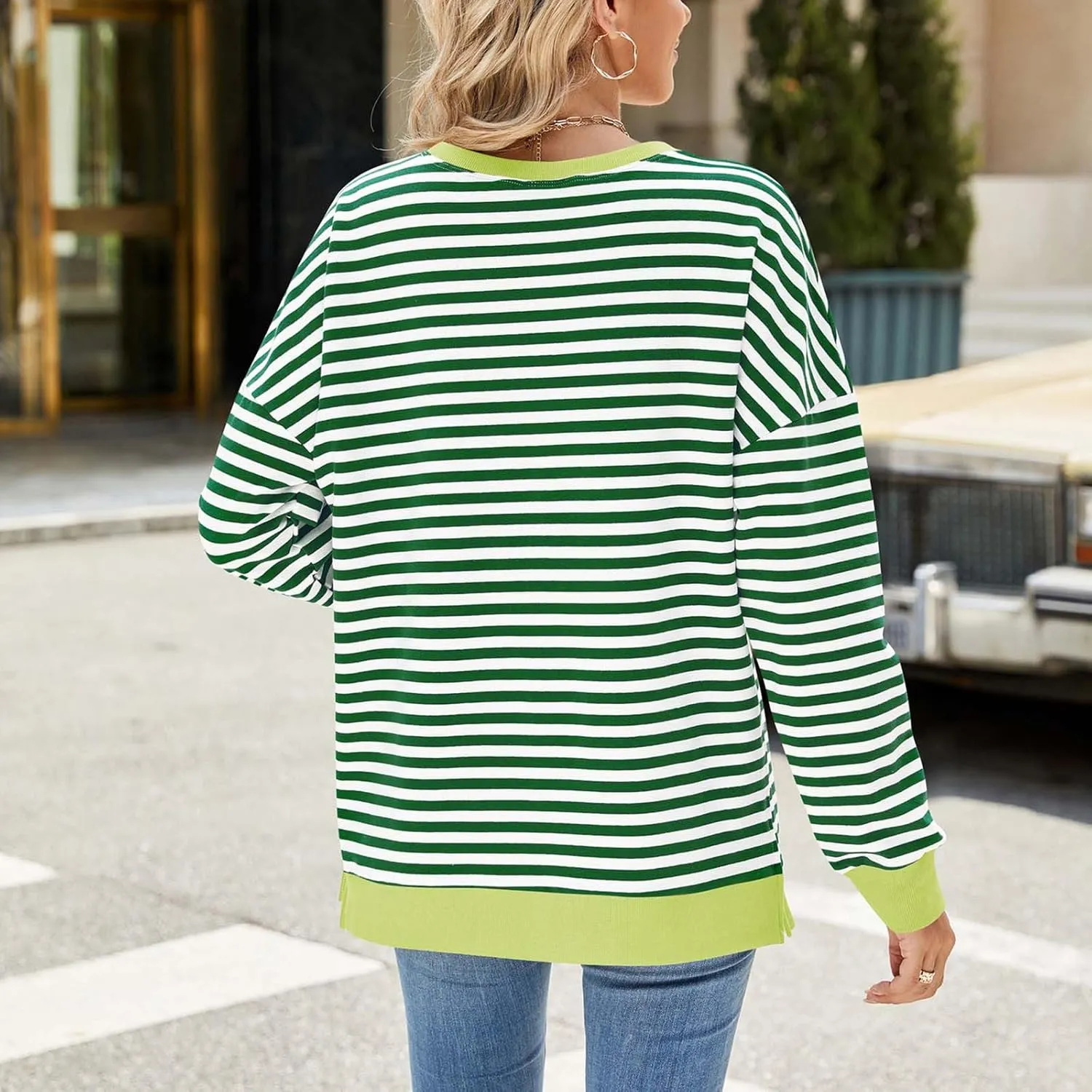 Women Oversized Striped Sweatshirts Color Block Long Sleeve Hoodies Crew Neck Loose Fit Tops Casual Pullover Y2K Top