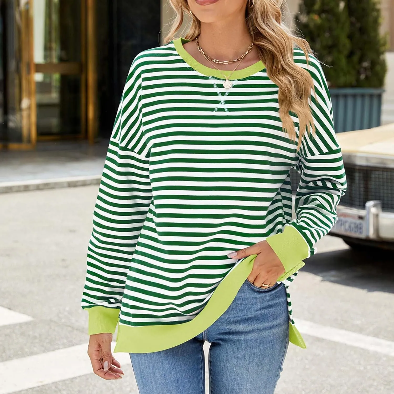 Women Oversized Striped Sweatshirts Color Block Long Sleeve Hoodies Crew Neck Loose Fit Tops Casual Pullover Y2K Top