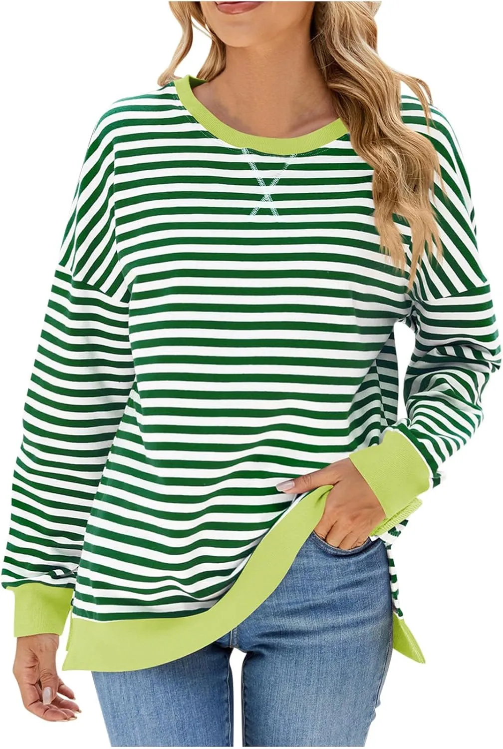 Women Oversized Striped Sweatshirts Color Block Long Sleeve Hoodies Crew Neck Loose Fit Tops Casual Pullover Y2K Top