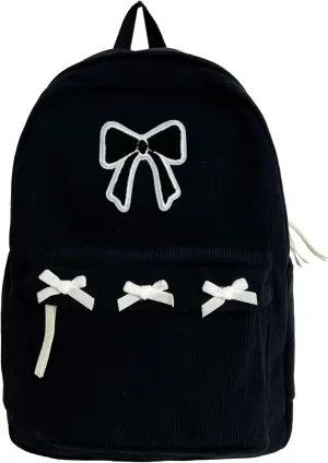 Women Preppy Y2k Aesthetic Corduroy Backpack Kawaii Laptop Backpack Cute Coquette Bow Harajuku College Daypack (Black)