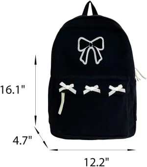 Women Preppy Y2k Aesthetic Corduroy Backpack Kawaii Laptop Backpack Cute Coquette Bow Harajuku College Daypack (White)