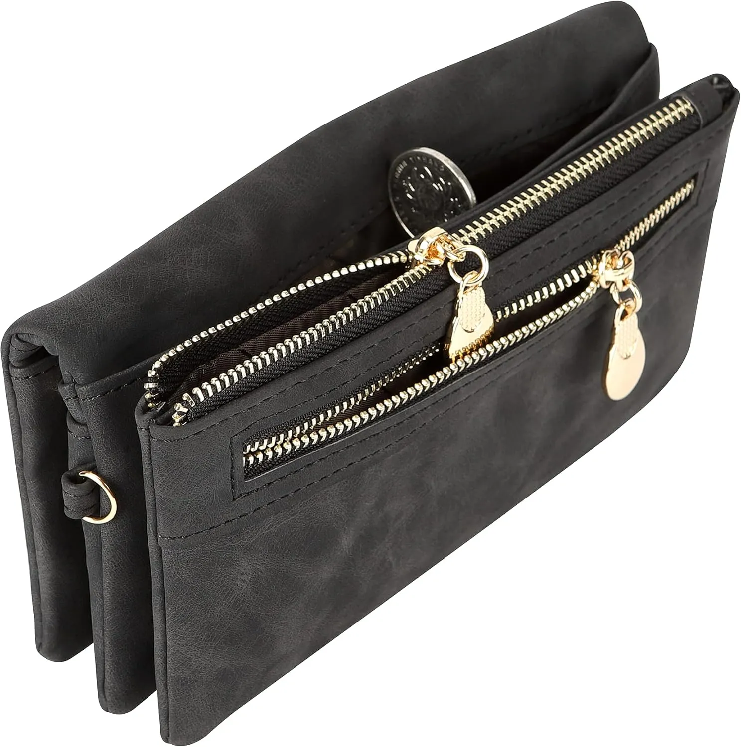Women PU Leather Card Holder Multi Pocket Large Long Wristlet Clutch Wallet, Black