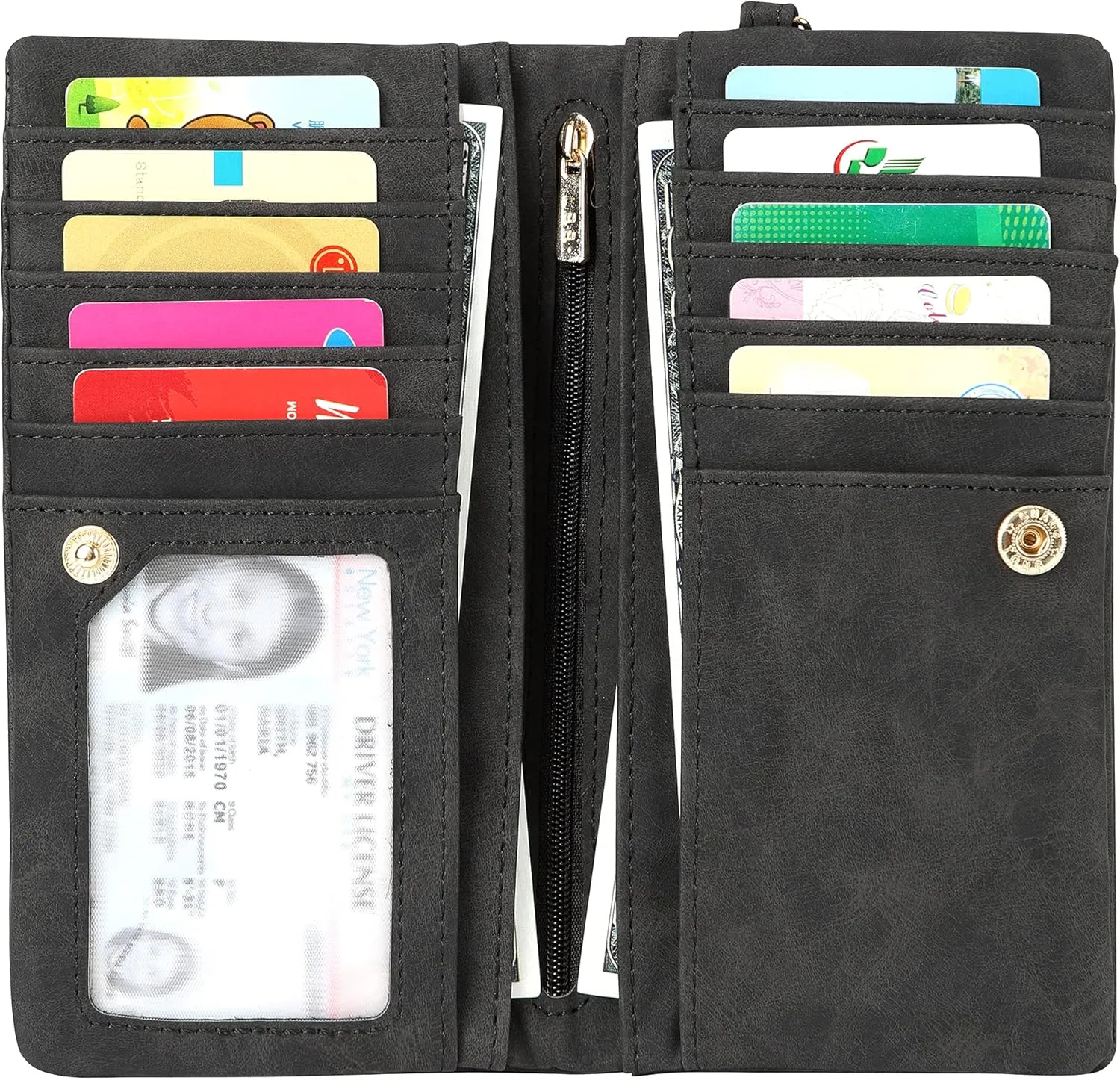 Women PU Leather Card Holder Multi Pocket Large Long Wristlet Clutch Wallet, Black