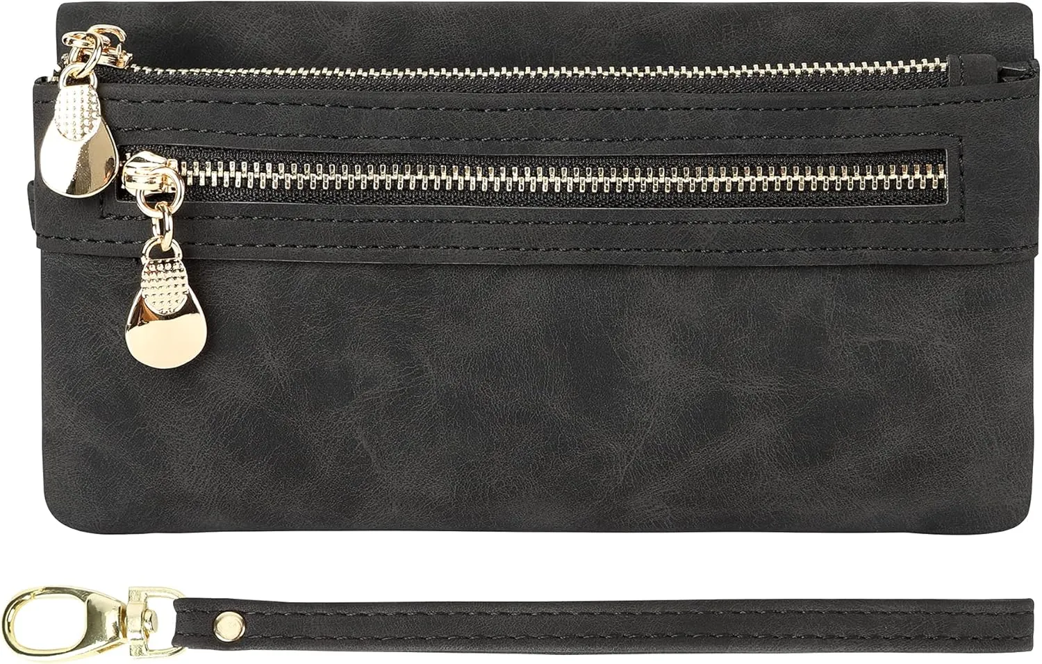 Women PU Leather Card Holder Multi Pocket Large Long Wristlet Clutch Wallet, Black