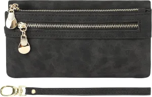Women PU Leather Card Holder Multi Pocket Large Long Wristlet Clutch Wallet, Black