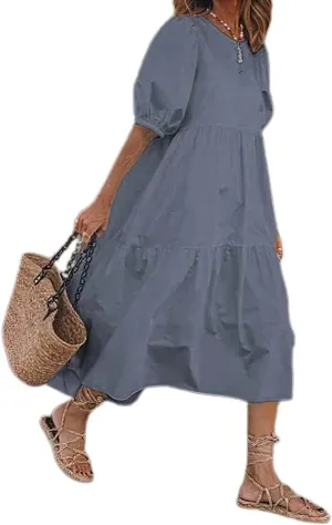 Women Puff Short Sleeve Linen Dress Summer Crewneck Flowy Tiered Maxi Dress Casual Plus Size Solid Long Dresses