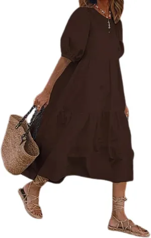 Women Puff Short Sleeve Linen Dress Summer Crewneck Flowy Tiered Maxi Dress Casual Plus Size Solid Long Dresses