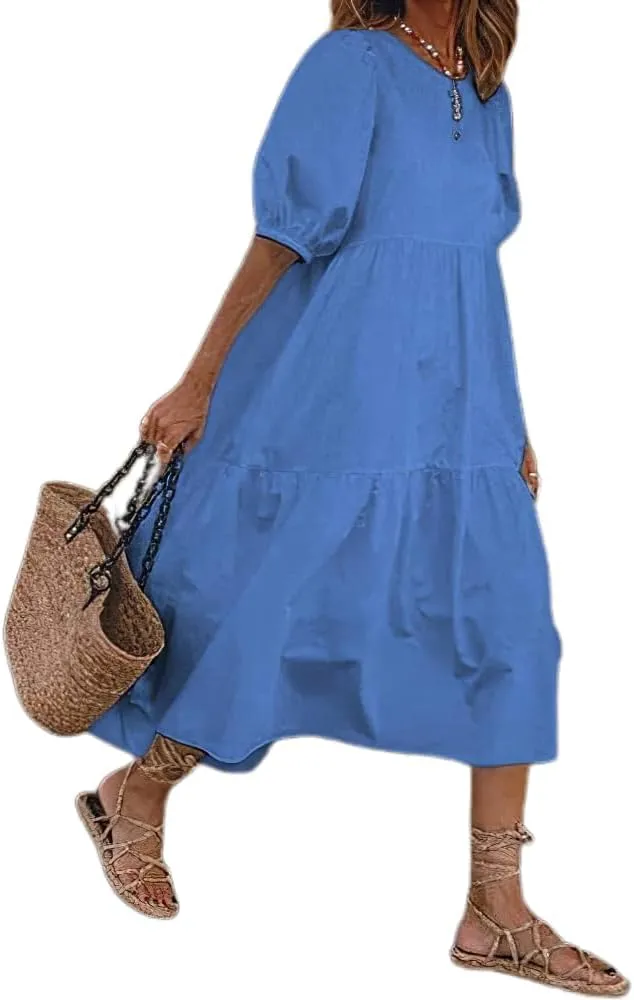 Women Puff Short Sleeve Linen Dress Summer Crewneck Flowy Tiered Maxi Dress Casual Plus Size Solid Long Dresses