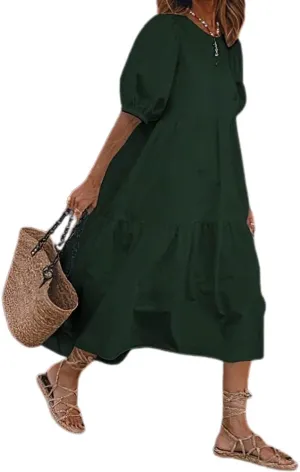 Women Puff Short Sleeve Linen Dress Summer Crewneck Flowy Tiered Maxi Dress Casual Plus Size Solid Long Dresses