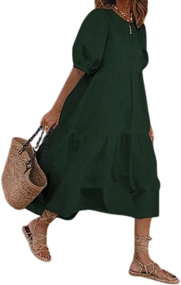 Women Puff Short Sleeve Linen Dress Summer Crewneck Flowy Tiered Maxi Dress Casual Plus Size Solid Long Dresses
