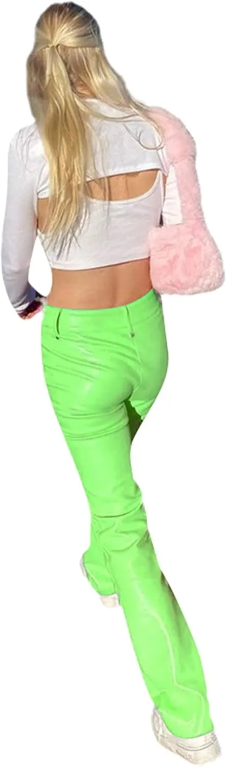 Women 's Faux Leather Slim Fit Straight Trousers Fashion Bandage Hollow High Waist Leather Pants