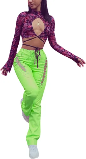 Women 's Faux Leather Slim Fit Straight Trousers Fashion Bandage Hollow High Waist Leather Pants