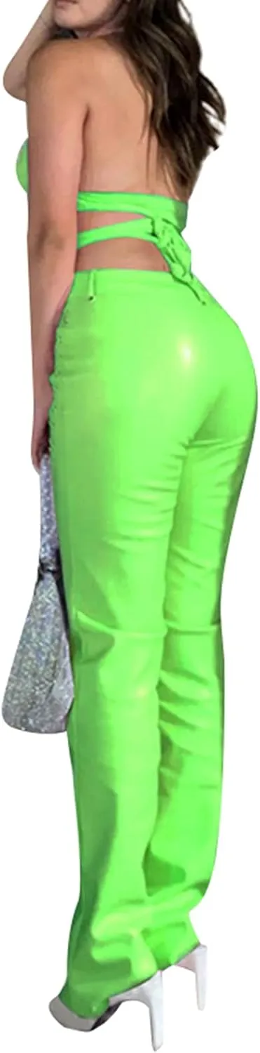 Women 's Faux Leather Slim Fit Straight Trousers Fashion Bandage Hollow High Waist Leather Pants