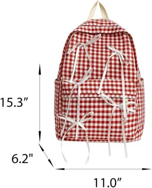 Women Small Kawaii Ribbon and Bow Backpack Cute Coquette Checkered Laptop Bag Y2k Aesthetic Plaid College Daypack (Black)