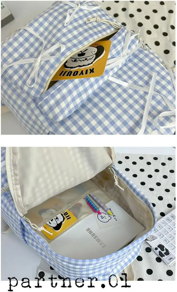Women Small Kawaii Ribbon and Bow Backpack Cute Coquette Checkered Laptop Bag Y2k Aesthetic Plaid College Daypack (Yellow)