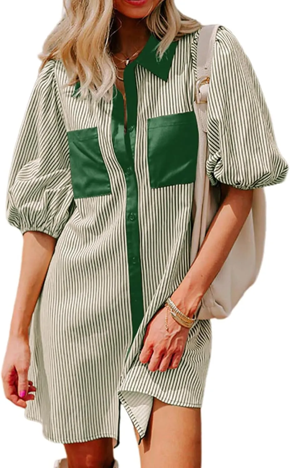 Women Striped Button Down Shirt Dress Summer Preppy Puff Half Sleeve Lapel Mini Dresses Casual Loose Fit Tunic Dress