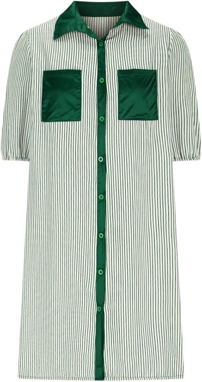 Women Striped Button Down Shirt Dress Summer Preppy Puff Half Sleeve Lapel Mini Dresses Casual Loose Fit Tunic Dress