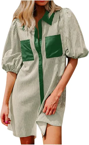 Women Striped Button Down Shirt Dress Summer Preppy Puff Half Sleeve Lapel Mini Dresses Casual Loose Fit Tunic Dress