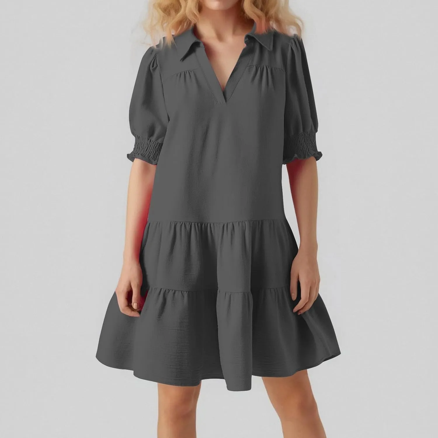 Women Summer Dresses 2025 Casual Lapel Collared V Neck Mid Sleeved Pleated Midi Dresses Short Sleeve Solid Dresses
