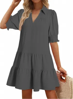 Women Summer Dresses 2025 Casual Lapel Collared V Neck Mid Sleeved Pleated Midi Dresses Short Sleeve Solid Dresses