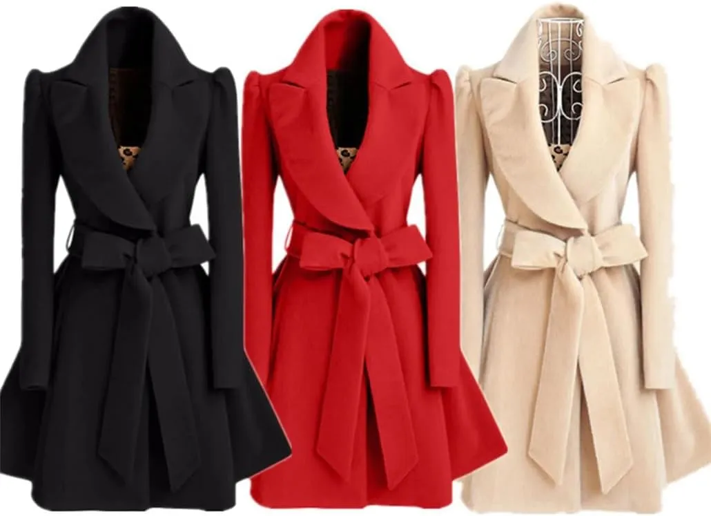Women Turn Down Collar Midi Length Trench Double Breasted Pea Coat Winter Warm Jacket