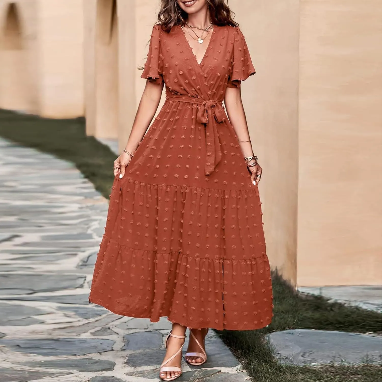 Women V Neck Summer Dress 2025 Long Sleeve Swiss Dot Boho Flowy Ruffle Slit Beach Party Long Maxi Ruffle Dresses