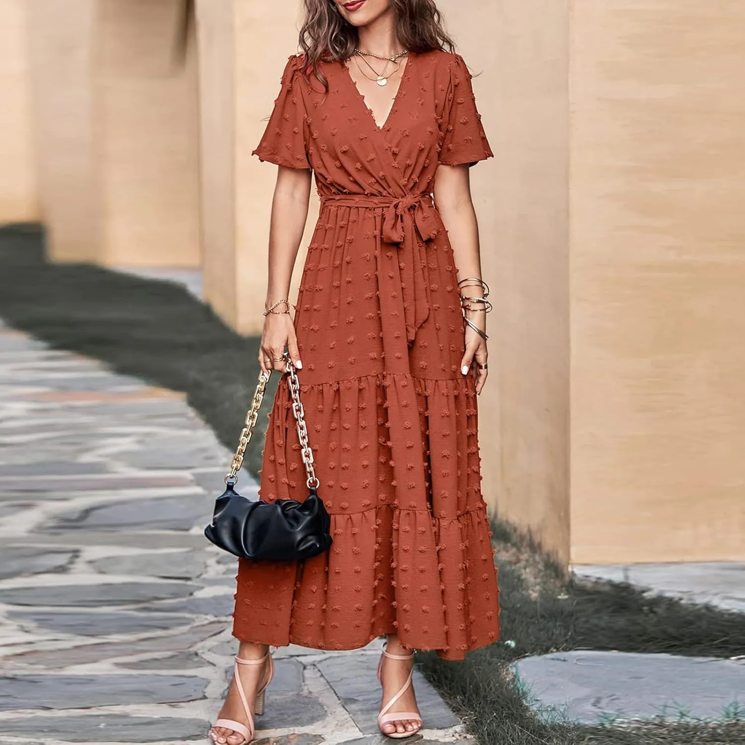 Women V Neck Summer Dress 2025 Long Sleeve Swiss Dot Boho Flowy Ruffle Slit Beach Party Long Maxi Ruffle Dresses