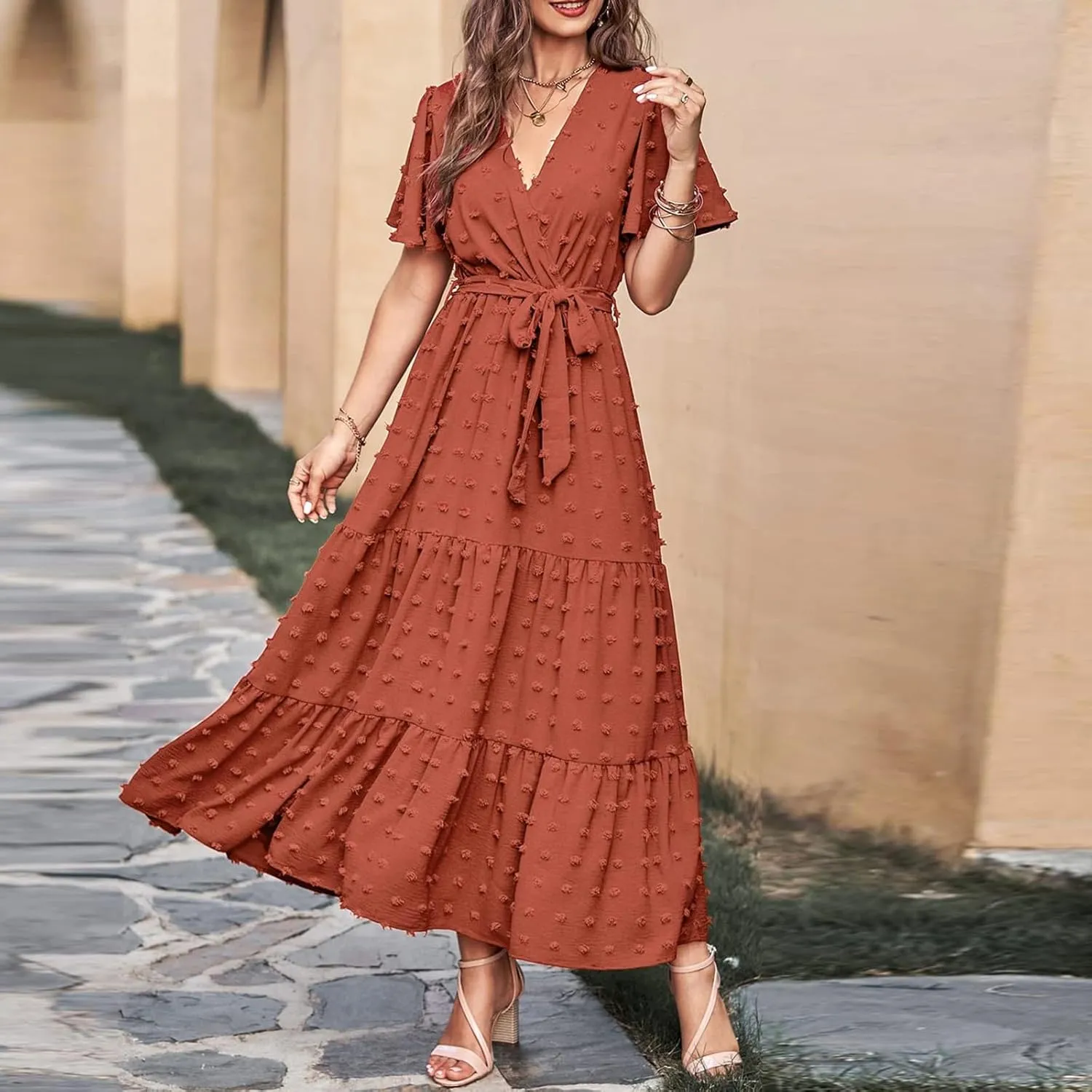 Women V Neck Summer Dress 2025 Long Sleeve Swiss Dot Boho Flowy Ruffle Slit Beach Party Long Maxi Ruffle Dresses