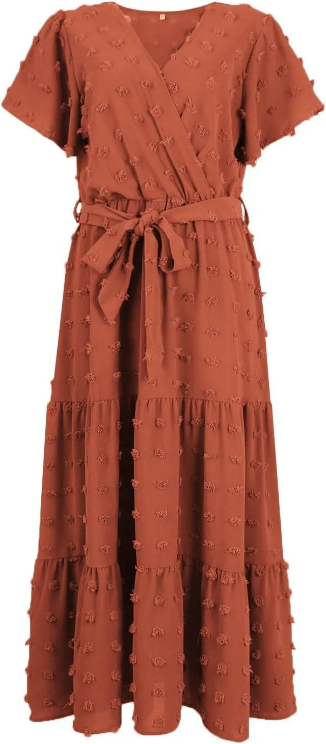 Women V Neck Summer Dress 2025 Long Sleeve Swiss Dot Boho Flowy Ruffle Slit Beach Party Long Maxi Ruffle Dresses