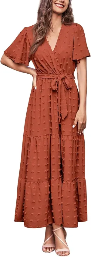 Women V Neck Summer Dress 2025 Long Sleeve Swiss Dot Boho Flowy Ruffle Slit Beach Party Long Maxi Ruffle Dresses