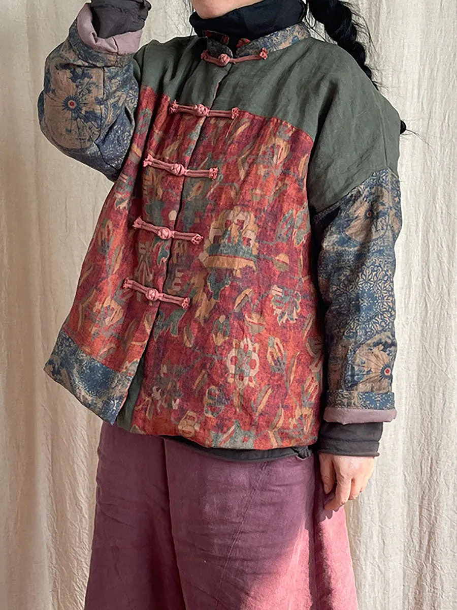 Women Vintage National Patchwork Frog Linen Padded Coat