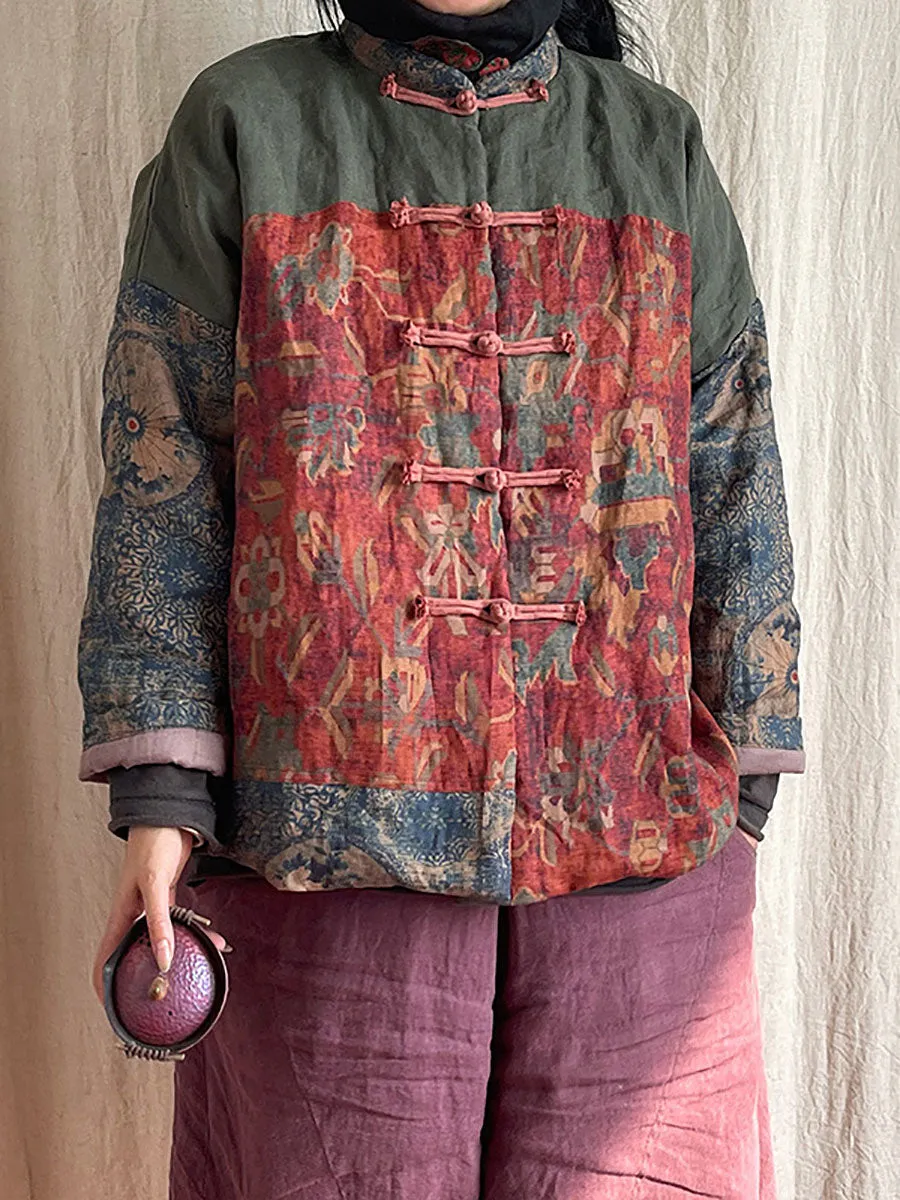Women Vintage National Patchwork Frog Linen Padded Coat