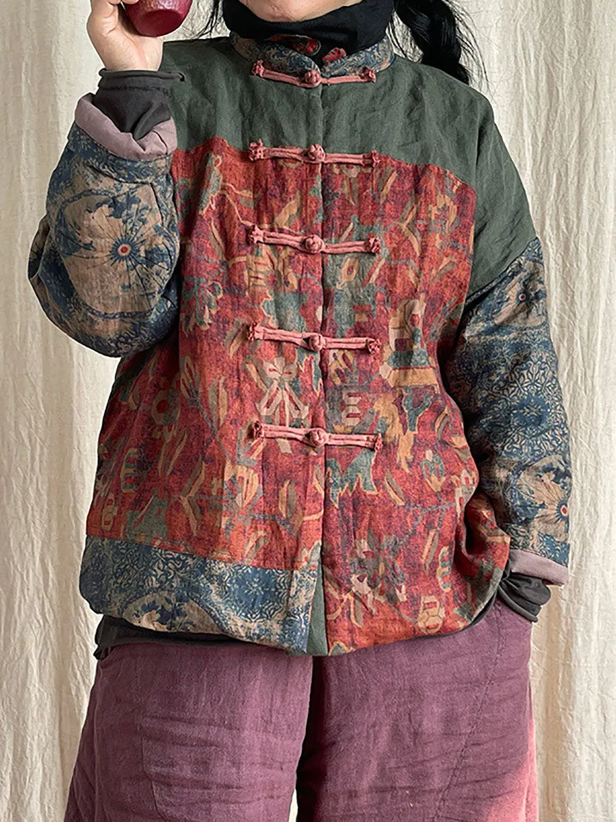 Women Vintage National Patchwork Frog Linen Padded Coat