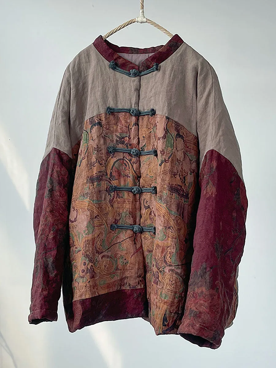 Women Vintage National Patchwork Frog Linen Padded Coat