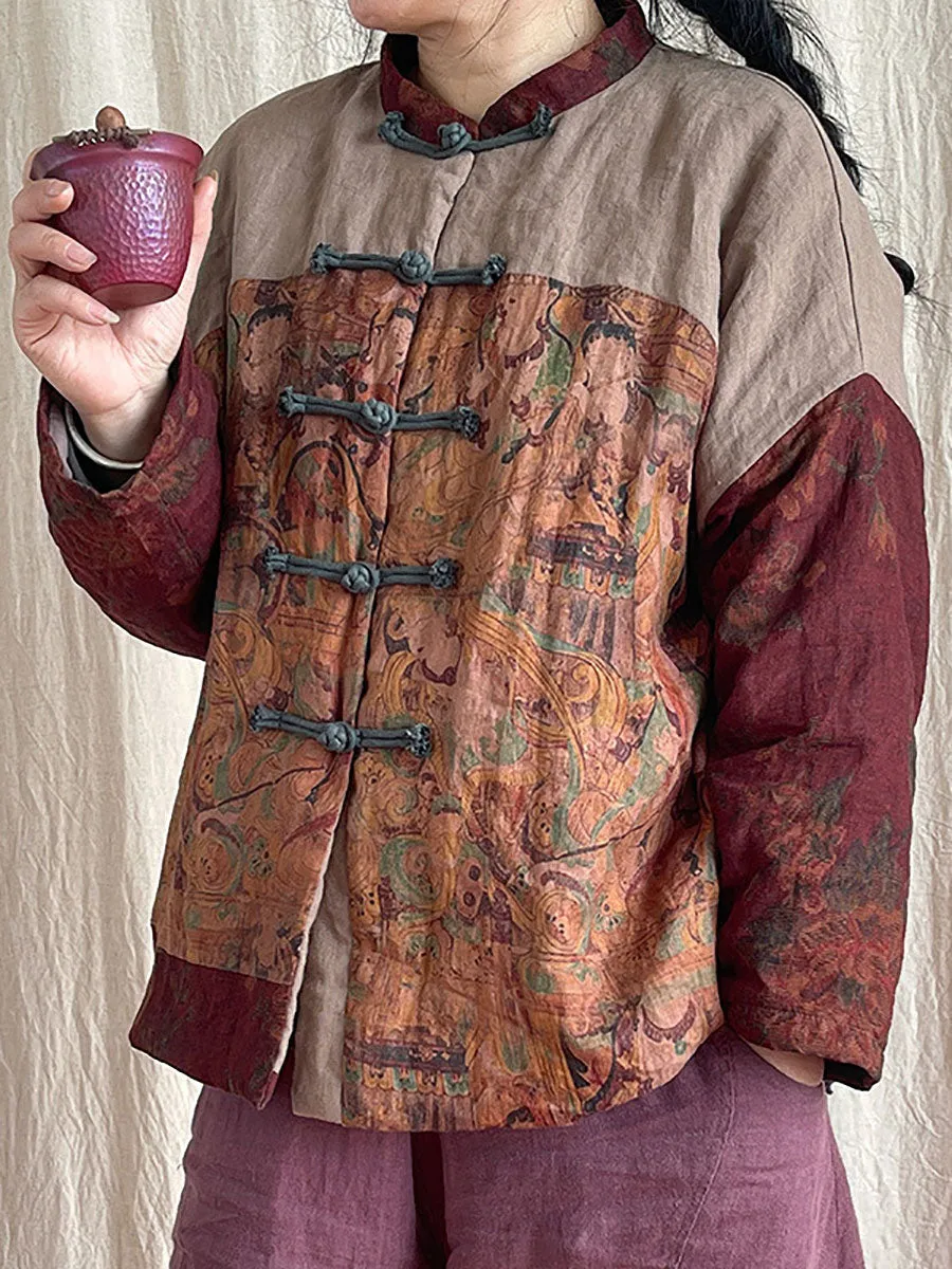 Women Vintage National Patchwork Frog Linen Padded Coat