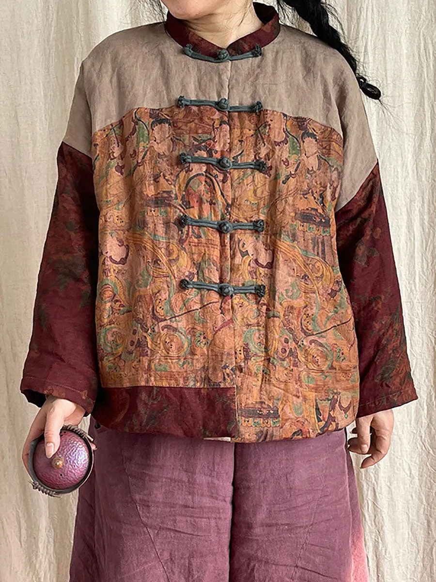 Women Vintage National Patchwork Frog Linen Padded Coat