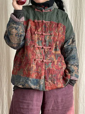 Women Vintage National Patchwork Frog Linen Padded Coat