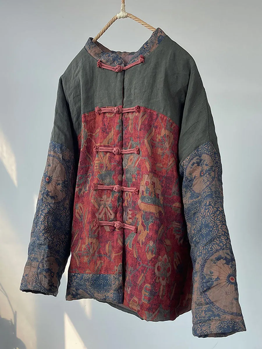Women Vintage National Patchwork Frog Linen Padded Coat