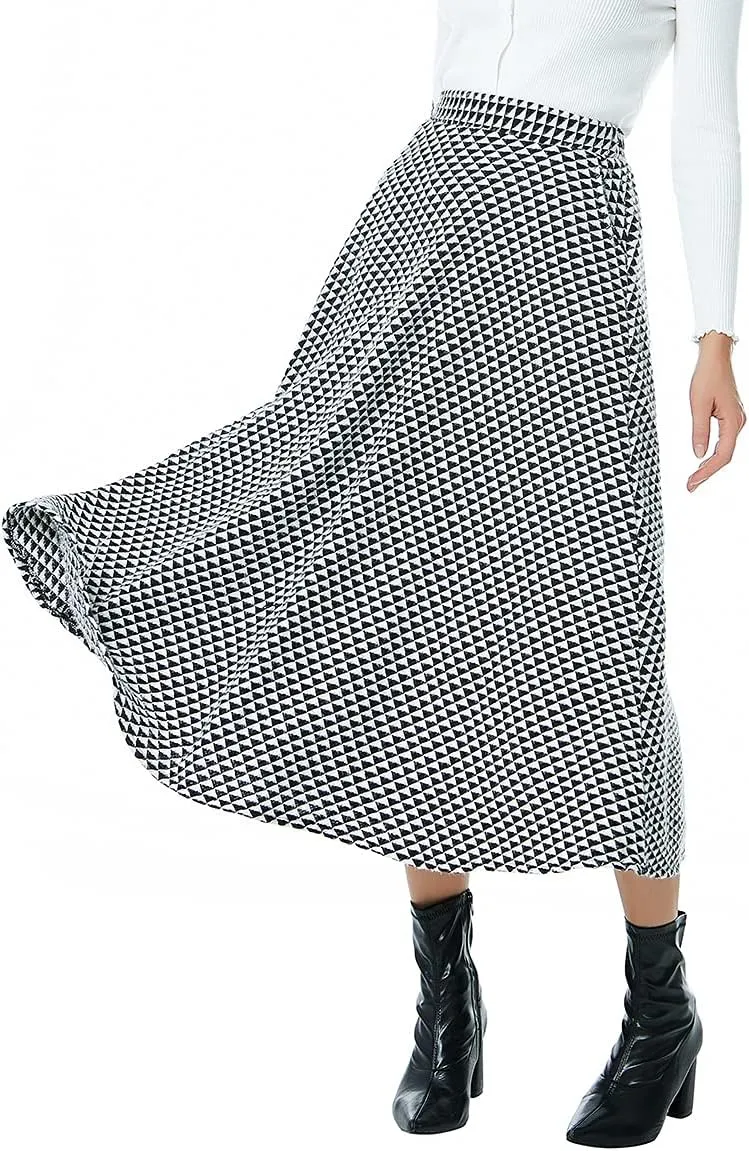 Women Winter Houndstooth Wool Maxi Skirt Elegant Warm High Waist Elastic Waist Casual Party A-line Long Skirt