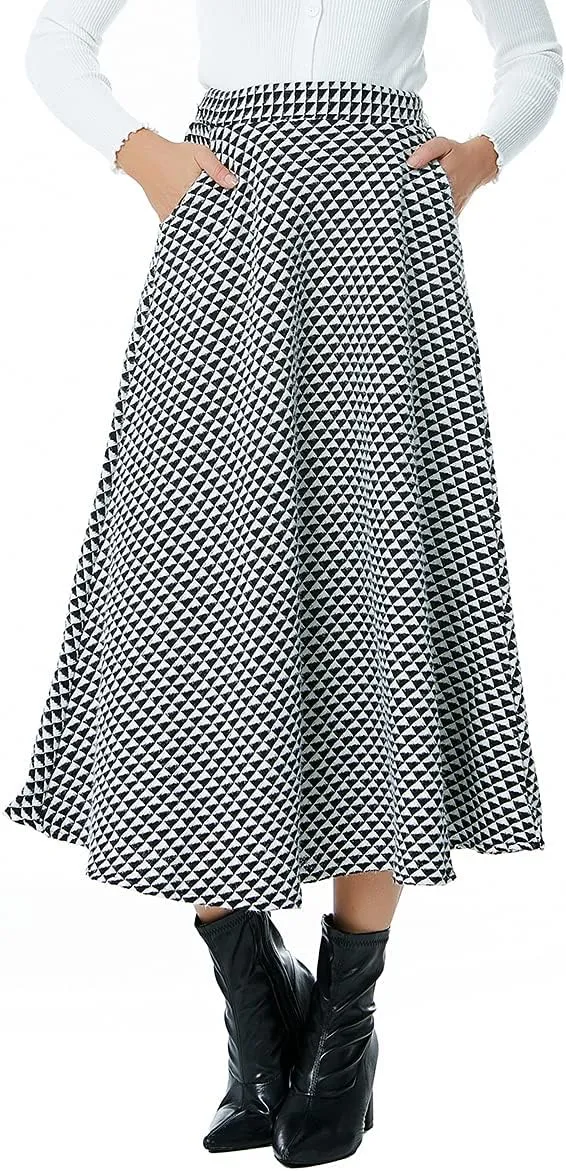 Women Winter Houndstooth Wool Maxi Skirt Elegant Warm High Waist Elastic Waist Casual Party A-line Long Skirt