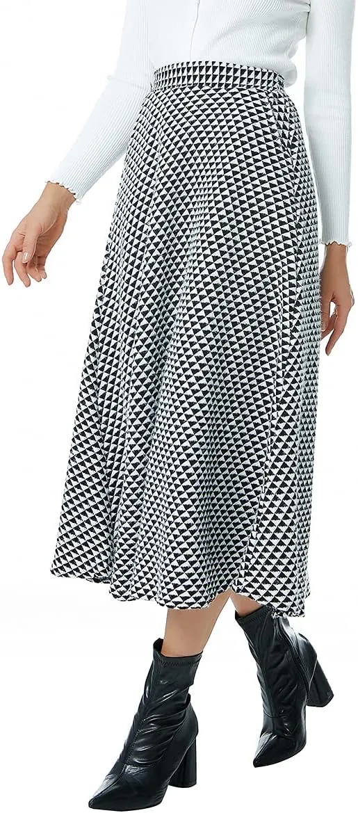 Women Winter Houndstooth Wool Maxi Skirt Elegant Warm High Waist Elastic Waist Casual Party A-line Long Skirt
