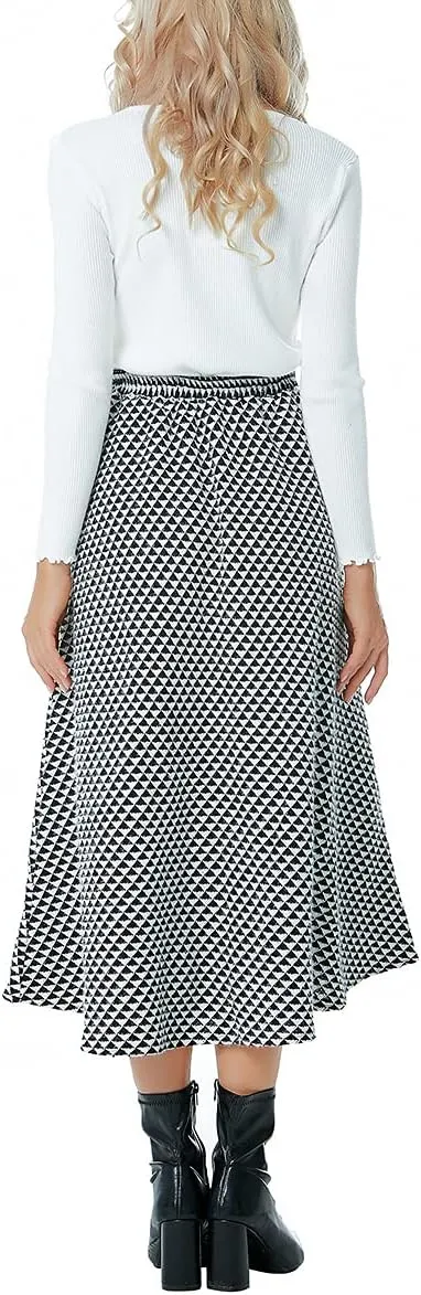 Women Winter Houndstooth Wool Maxi Skirt Elegant Warm High Waist Elastic Waist Casual Party A-line Long Skirt